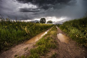 Chemin boueux avec ciel menaçant